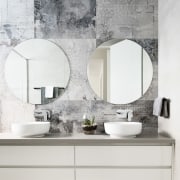 Dual circular mirrors – a studio trademark – bathroom, bathroom accessory, bathroom cabinet, bathroom sink, ceramic, floor, furniture, interior design, plumbing fixture, product design, sink, tap, tile, wall, white
