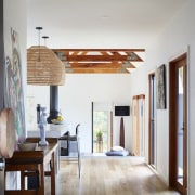 Looking down the hallway into the lounge - architecture, ceiling, door, floor, flooring, hardwood, home, house, interior design, room, wood, wood flooring, gray