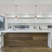 Pendant lights hang down over the island - architecture, cabinetry, countertop, cuisine classique, floor, interior design, kitchen, gray, brown