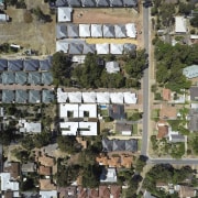 A view of the development from the air aerial photography, bird's eye view, city, neighbourhood, residential area, suburb, tree, urban area, gray
