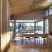 Clerestory windows light the entire space – living, architecture, ceiling, daylighting, floor, flooring, hardwood, house, interior design, real estate, window, wood, wood flooring, brown, gray