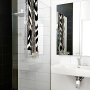 Architect: Irons McDuff ArchitecturePhotography by Nikole Ramsay bathroom, bathroom accessory, bathroom cabinet, floor, flooring, interior design, plumbing fixture, product design, room, tap, tile, wall, white, black