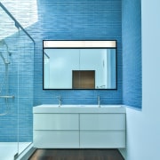This blue bathroom has an ocean-like quality to architecture, bathroom, daylighting, floor, interior design, product design, wall, teal