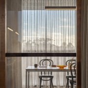 Translucent curtains filter the light in this dining architecture, ceiling, daylighting, interior design, lobby, wall, window, window covering, gray, black