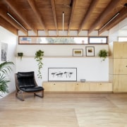 This entryway is relaxed, spacious and offers architecture, ceiling, daylighting, floor, flooring, hardwood, house, interior design, loft, property, real estate, wood, wood flooring, gray, brown