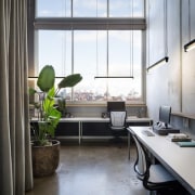 Large windows throughout this office mean no shortage architecture, home, interior design, office, window, gray, black