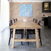 Victorian Ash floorboards installed in a chevron pattern chair, dining room, floor, flooring, furniture, table, wood, gray