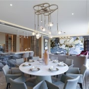 Featuring more than one dining area, this sits apartment, ceiling, dining room, home, interior design, living room, real estate, table, gray