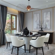 This dining area sits off from the lounge ceiling, dining room, furniture, home, interior design, living room, real estate, room, table, window, gray