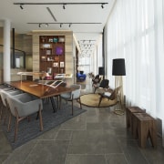 Architect: concrete floor, flooring, furniture, interior design, table, gray, black, white