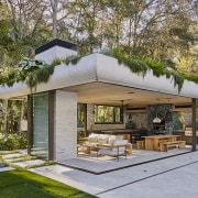 The outdoor pavilion introduces a strong architectural gesture 