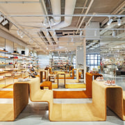 Exploring the store and its different levels is architecture, building, ceiling, design, floor, flooring, furniture, interior design, room, shelf, shelving, warehouse, gray