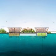 Floating cities can be prefabricated on shore and aqua, architecture, calm, horizon, house, reflection, sky, water, water resources, teal, white