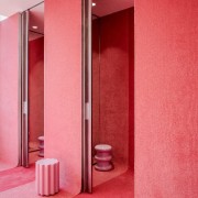 Photo by Michel Florent - Discover BIG’s retail architecture, door, interior design, material property, pink, red, room, wall, red