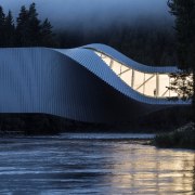 Built around a historical Norwegian pulp mill, The architecture, evening, reflection, river, sky, tree, water, watercourse, black, blue