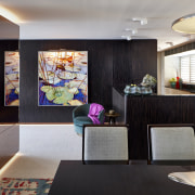 For this fit-out of a harbourfront apartment by interior design, living room, lobby, room, black, gray