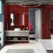 The Kohler design team sought to embrace Manchester architecture, bathroom, building, cabinetry, ceiling, floor, flooring, furniture, home, house, interior design, living room, property, real estate, red, room, sink, tile, white, red