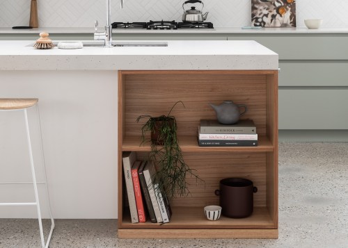 Open display shelving in the new kitchen island. 