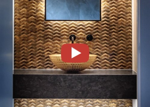 Davinia Sutton Powder Room video button - brick brick, floor, flooring, metal, pattern, room, tile, wall, brown