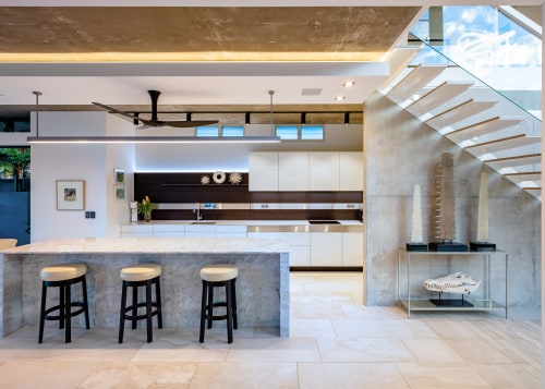 ​​​​​​​This long, linear Poggenpohl kitchen, precision tweaked and architecture, ceiling, countertop, interior design, kitchen, lobby, gray, marble, concrete, marble benchtop