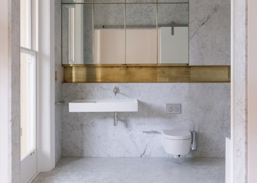 ​​​​​​​In this bathroom, a classic room-high sash window architecture, bathroom, bathroom accessory, bathroom cabinet, floor, interior design, sink, gray