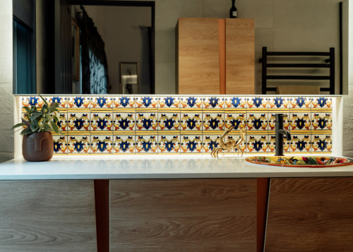 The feature tiles make for a vibrant splashback. 