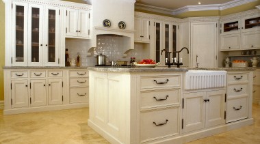 View of large kitchen designed by Scullery &amp; cabinetry, countertop, cuisine classique, floor, flooring, furniture, interior design, kitchen, room, gray, orange