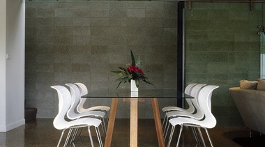 Show home featuring polished concrete exposed-aggregate flooring incorporating architecture, chair, floor, flooring, furniture, home, house, interior design, table, wall, wood, gray, white