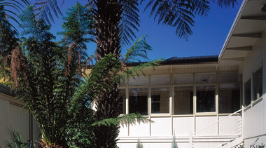 View of this modern home - View of architecture, arecales, backyard, courtyard, estate, facade, home, house, landscaping, lighting, outdoor structure, palm tree, plant, property, real estate, residential area, sky, tree, villa, black, blue