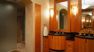 The view of twin basins in a luxurious bathroom, ceiling, floor, flooring, interior design, lobby, real estate, room, brown