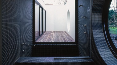 The view of the shower overlooking a patio architecture, daylighting, glass, interior design, window, black