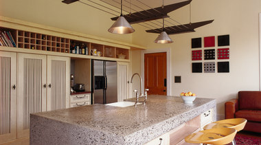 The view of a rural styled kitchen - cabinetry, ceiling, countertop, cuisine classique, flooring, interior design, kitchen, property, real estate, room, gray, brown