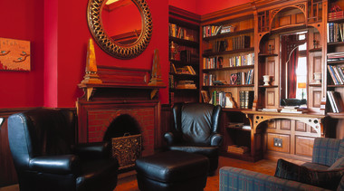 The view of a study - The view furniture, interior design, living room, red, black