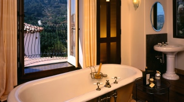 The view of a luxurious bathroom - The bathroom, estate, home, interior design, room, window, brown, orange