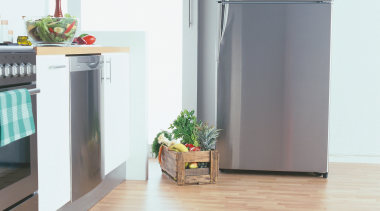 Stylish Refrigerator in kitchen setting. - Stylish Refrigerator floor, flooring, hardwood, home appliance, kitchen appliance, laminate flooring, major appliance, product, refrigerator, white, gray