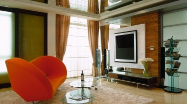 Living room with orange sofa and two tiered ceiling, floor, flooring, furniture, hardwood, home, house, interior design, living room, loft, room, table, window, wood flooring, brown