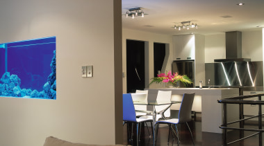 View from lounge through to dining area and ceiling, home, interior design, lighting, living room, real estate, room, table, wall, window, orange