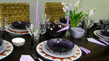 Brown dining table set with plates, bowls, wine ceramic, dining room, dishware, meal, porcelain, table, tableware, black