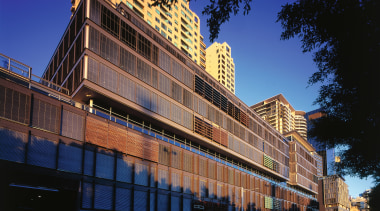 view of the building with nysan horiso opreable architecture, building, city, commercial building, condominium, corporate headquarters, downtown, evening, facade, headquarters, hotel, landmark, metropolis, metropolitan area, mixed use, real estate, reflection, residential area, sky, skyscraper, structure, urban area, black, blue