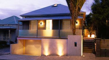 Exterior of house showing road frontage with lights architecture, building, cottage, elevation, estate, evening, facade, home, house, lighting, property, real estate, residential area, roof, siding, suburb, window, blue, purple