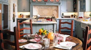 The view of a traditional kitchen from the dining room, furniture, home, interior design, kitchen, living room, room, table, gray, black