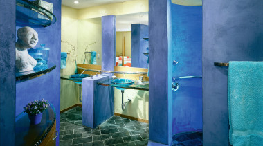 A creative bathroom - A creative bathroom - bathroom, blue, interior design, public toilet, purple, room, wall, blue