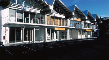morning view of the front of the g architecture, building, condominium, corporate headquarters, facade, home, house, mixed use, property, real estate, reflection, residential area, sky, window, black