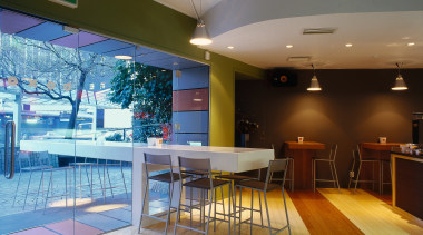 Interior of noodle bar with contrasting timber floor, architecture, ceiling, daylighting, floor, flooring, interior design, real estate, table, wall, wood, wood flooring, gray, brown