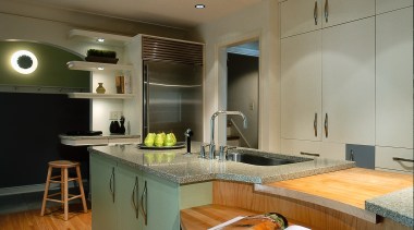 Kitchen with storage options. From the back (left), ceiling, countertop, interior design, kitchen, room, brown