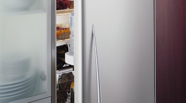 A Fisher &amp; Paykel Iridium refrigerator. The fridge home appliance, major appliance, product design, refrigerator, gray