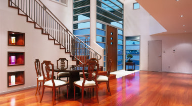 View of the interior side of the entrance apartment, ceiling, estate, floor, flooring, hardwood, interior design, laminate flooring, living room, lobby, loft, real estate, stairs, wood, wood flooring, red, gray