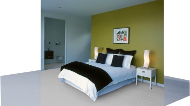 View of the master bedroom with green toned bed, bed frame, bedroom, furniture, interior design, mattress, room, gray, white