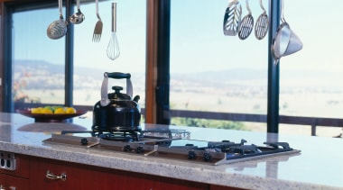 Kitchen island with timber cabinetry, granite benchtop, with countertop, interior design, kitchen, window, red