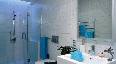 View of this bathroom - View of this bathroom, blue, ceiling, glass, interior design, plumbing fixture, room, tile, wall, gray